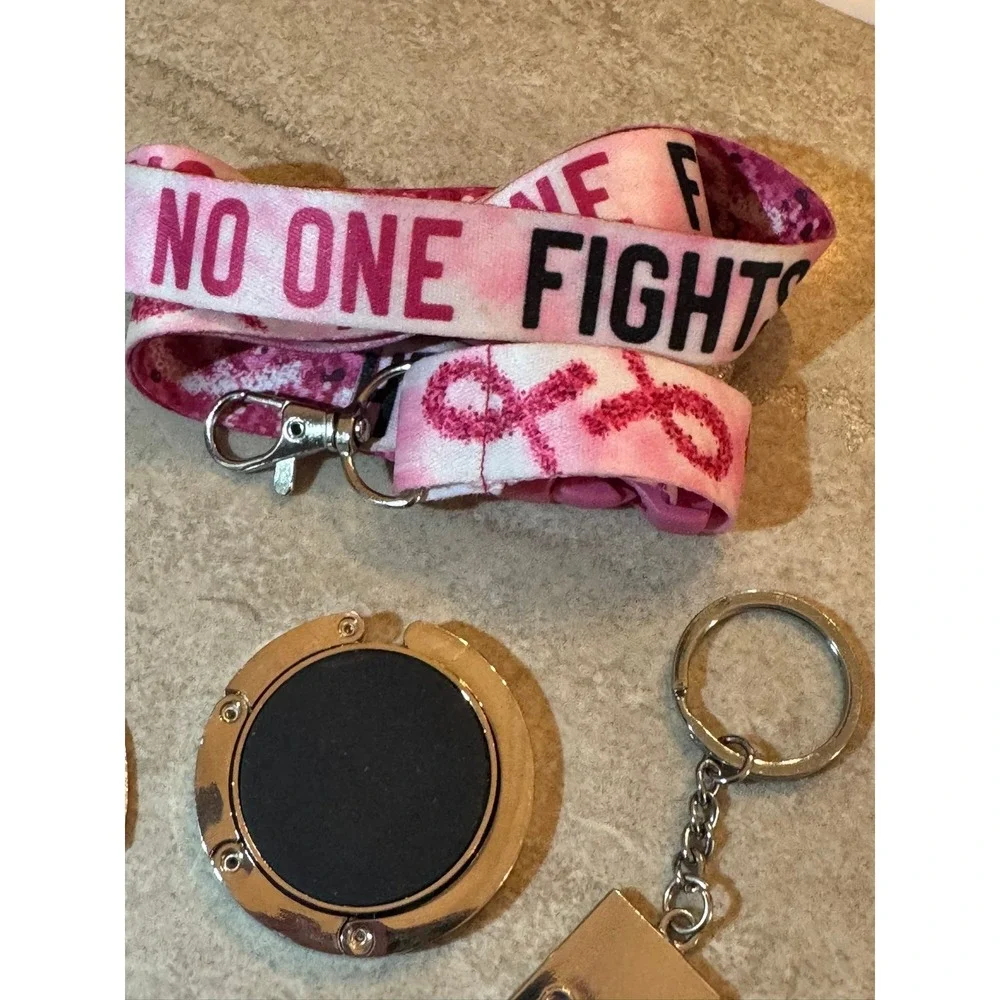 Breast Cancer Awareness Bundle Lanyard Purse Hanger and Keychains Pink Ribbon